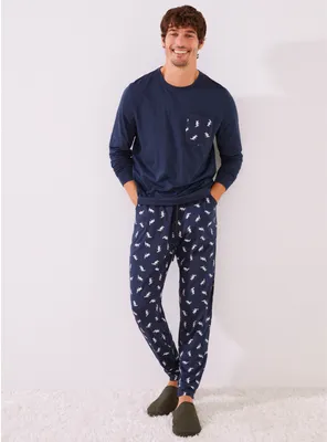 Pijama Largo Hombre 100% Algodón Estampado Azul