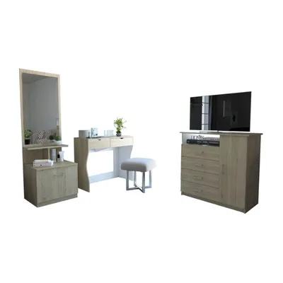Mueble De Tocador + Velador Con Espejo + Cómoda 4 Cajones / 1 Puerta Rovere / Blanco